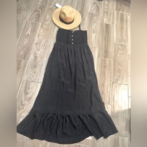 AUW SMOCKED BODICE BLACK FLARE HEM MAXI DRESS BOHO CHIC LARGE